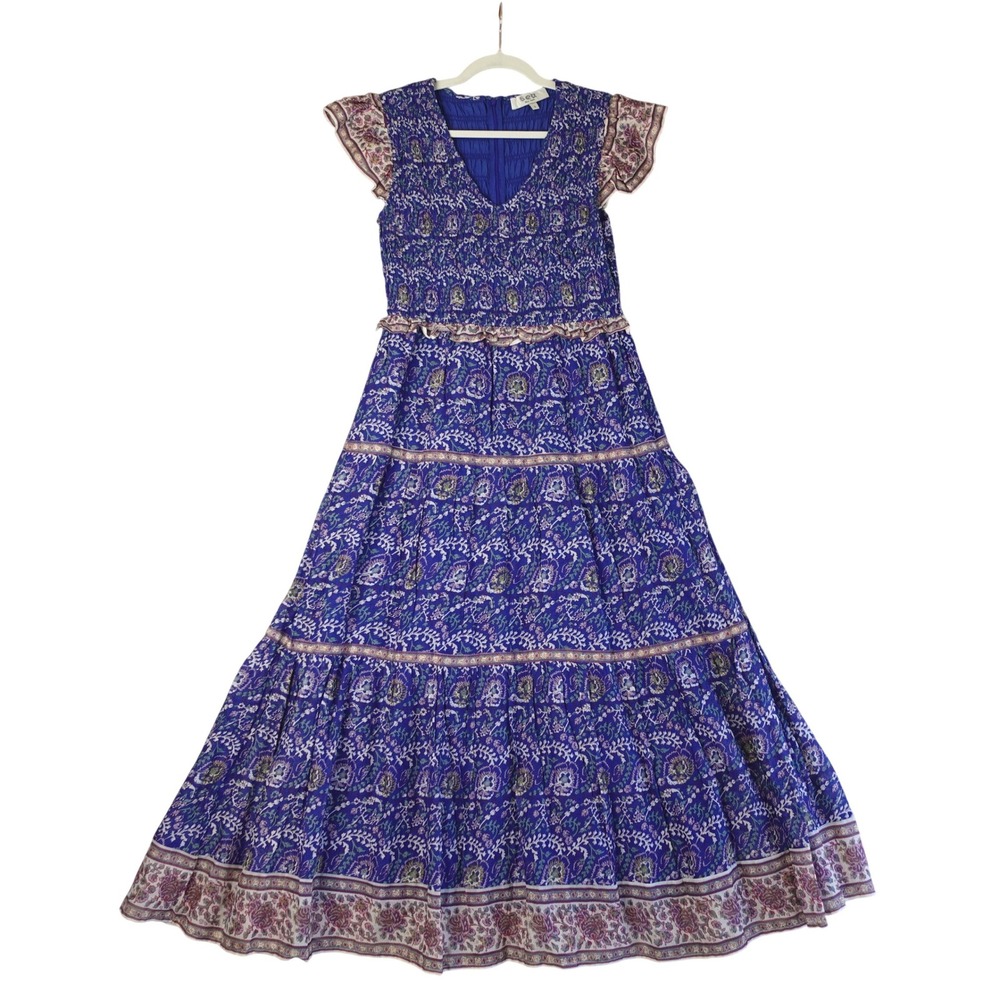 Sea New York Dress Womens 4 Blue Floral Smocked Tiered Maxi Boho Prairie Coastal